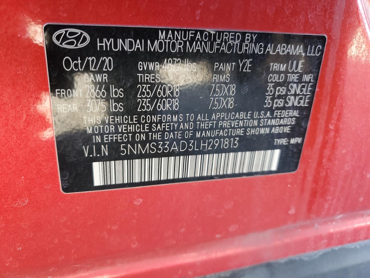 2020 Hyundai Santa Fe VIN 5NMS33AD3LH291813 Copart auction photo, all over / minor dent/scratches damage thumbnail 14