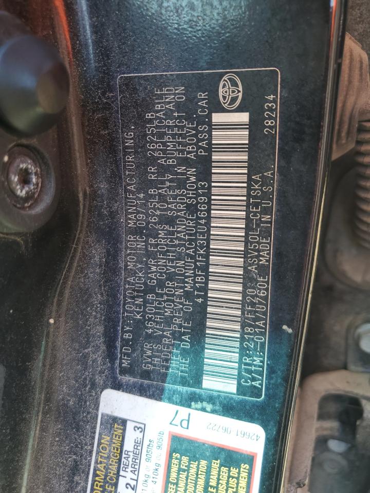 2014 Toyota Camry VIN 4T1BF1FK3EU466913 Copart auction photo, water/flood damage thumbnail 13
