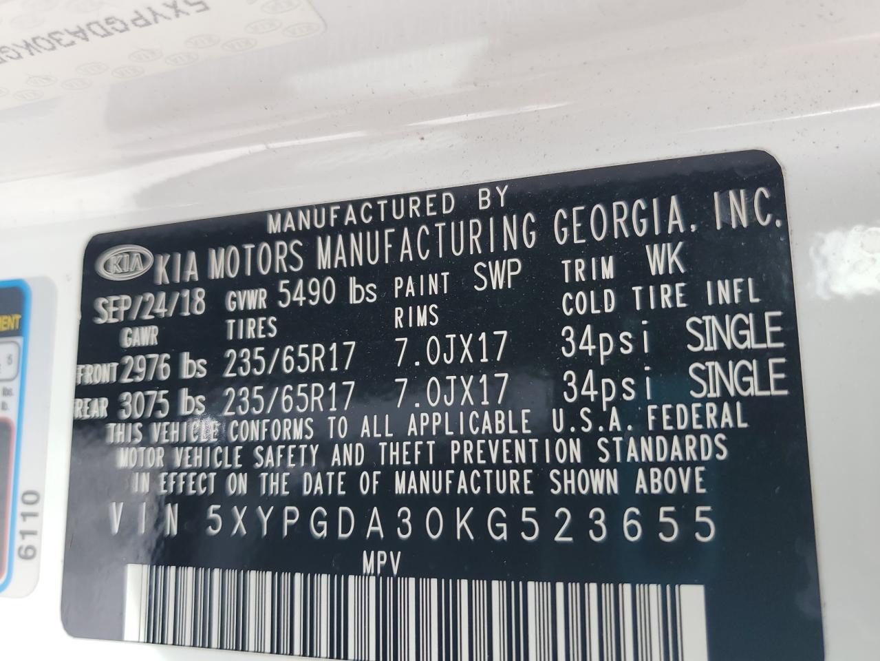 2019 KIA Sorento VIN 5XYPGDA30KG523655 Copart auction photo, front end damage thumbnail 14