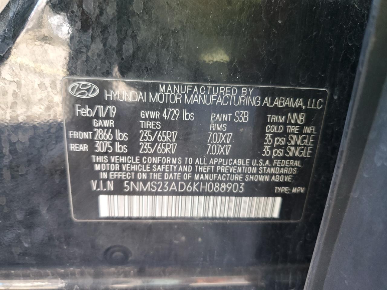 2019 Hyundai Santa Fe VIN 5NMS23AD6KH088903 Copart auction photo, front end damage thumbnail 13