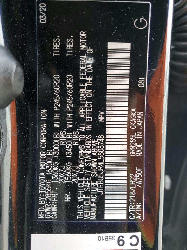 2020 Toyota 4Runner VIN JTEBU5JR4L5808748 Copart auction photo, rear end damage thumbnail 13