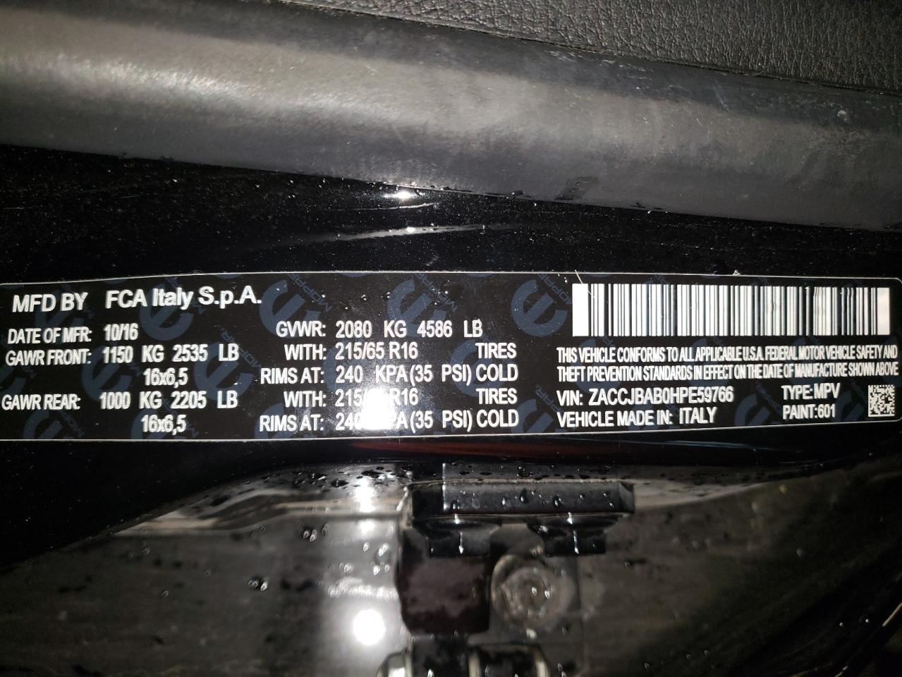 2017 Jeep Renegade VIN ZACCJBAB0HPE59766 Copart auction photo, side / rollover damage thumbnail 13