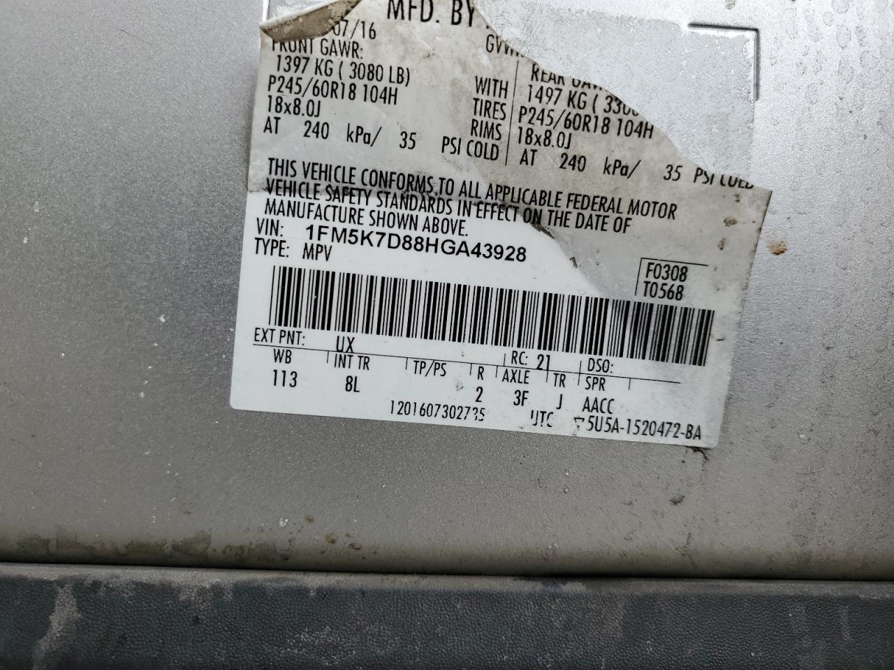 2017 Ford Explorer VIN 1FM5K7D88HGA43928 Copart auction photo, rear end / front end damage thumbnail 15