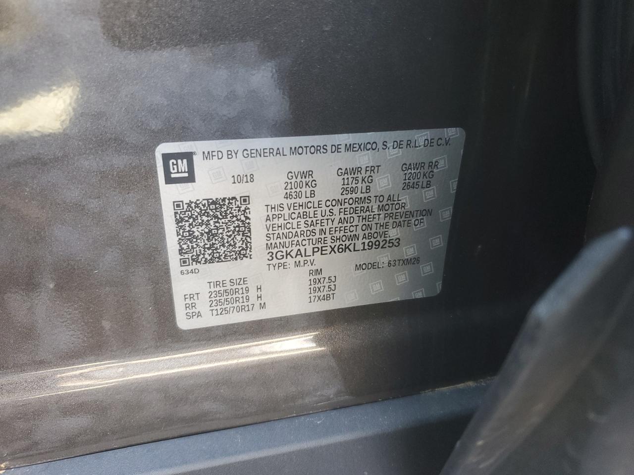 2019 GMC Terrain VIN 3GKALPEX6KL199253 Copart auction photo, front end damage thumbnail 15
