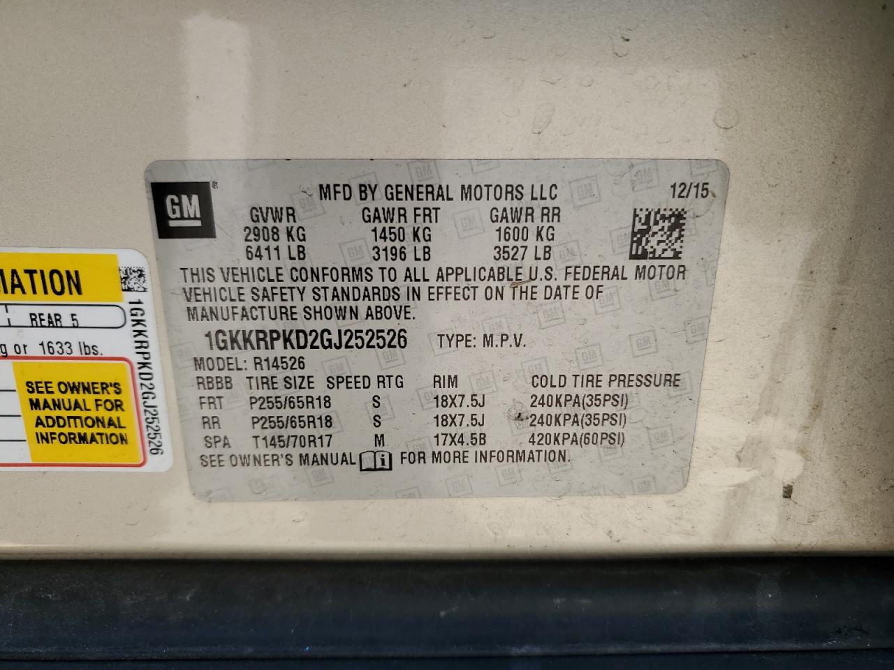2016 GMC Acadia VIN 1GKKRPKD2GJ252526 Copart auction photo, rear end damage thumbnail 14