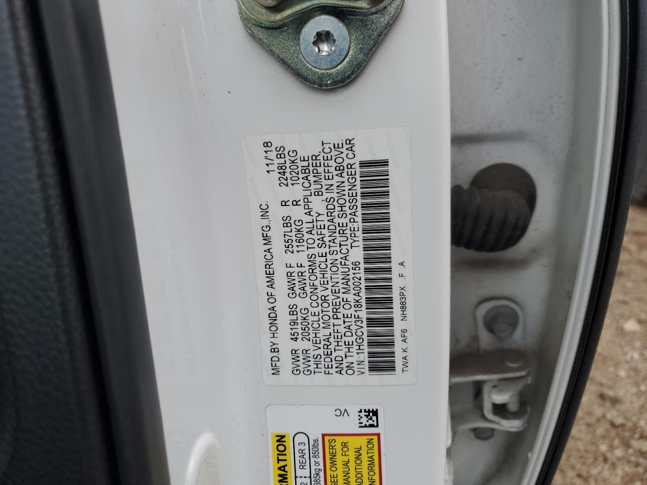 2019 Honda Accord VIN 1HGCV3F18KA002156 Copart auction photo, minor dent/scratches / normal wear damage thumbnail 12
