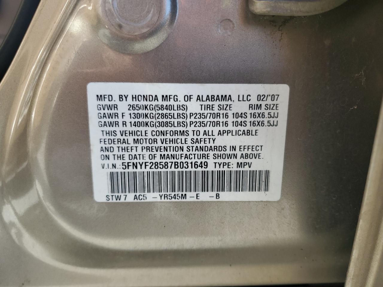 2007 Honda Pilot VIN 5FNYF28587B031649 Copart auction photo, front end / minor dent/scratches damage thumbnail 15