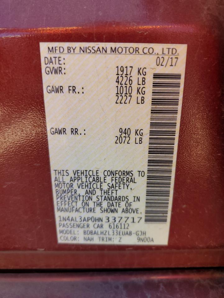 2017 Nissan Altima VIN 1N4AL3AP0HN337717 Copart auction photo, rear end / minor dent/scratches damage thumbnail 12