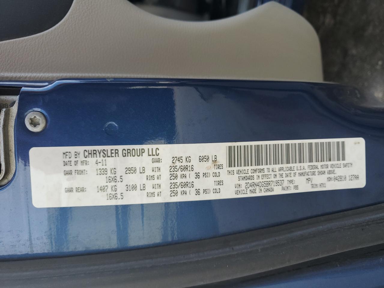 2011 Dodge Caravan VIN 2D4RN4DG5BR719537 Copart auction photo, front end damage thumbnail 16