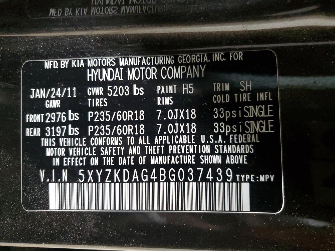 2011 Hyundai Santa Fe VIN 5XYZKDAG4BG037439 Copart auction photo, front end damage thumbnail 12
