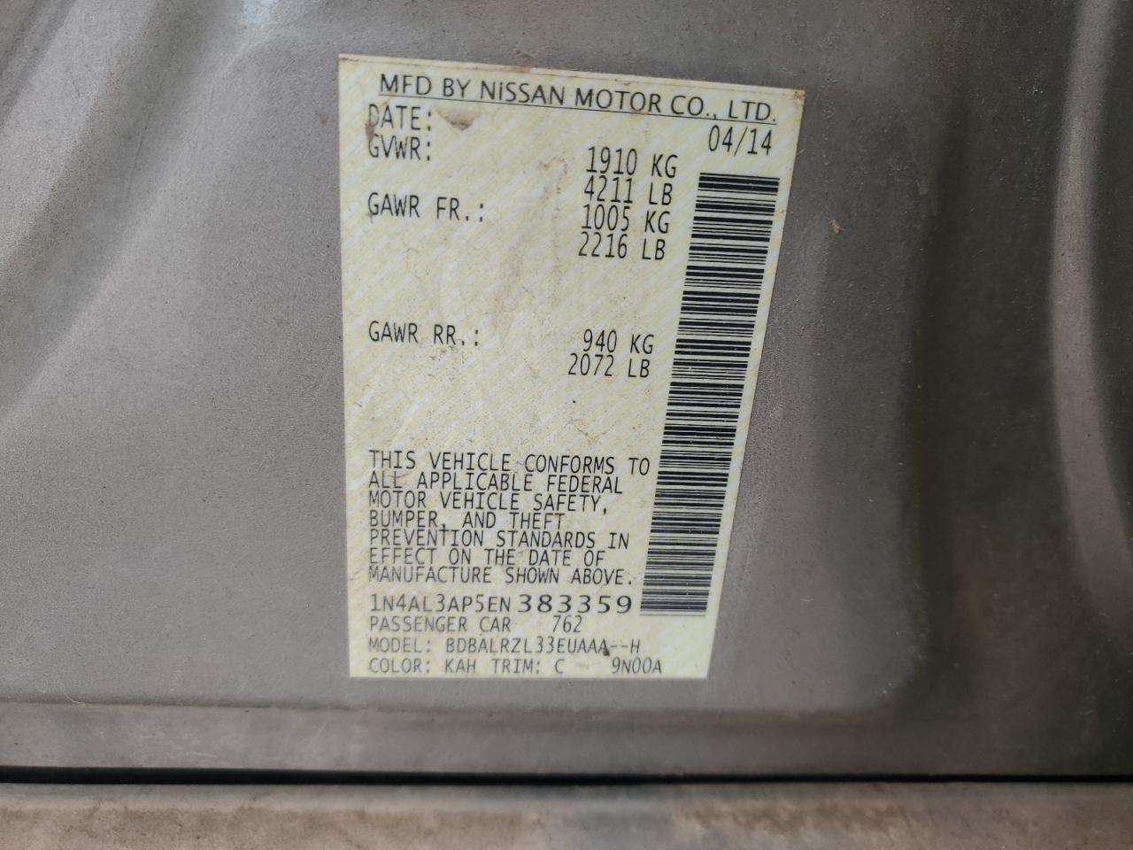 2014 Nissan Altima VIN 1N4AL3AP5EN383359 Copart auction photo, front end / minor dent/scratches damage thumbnail 15