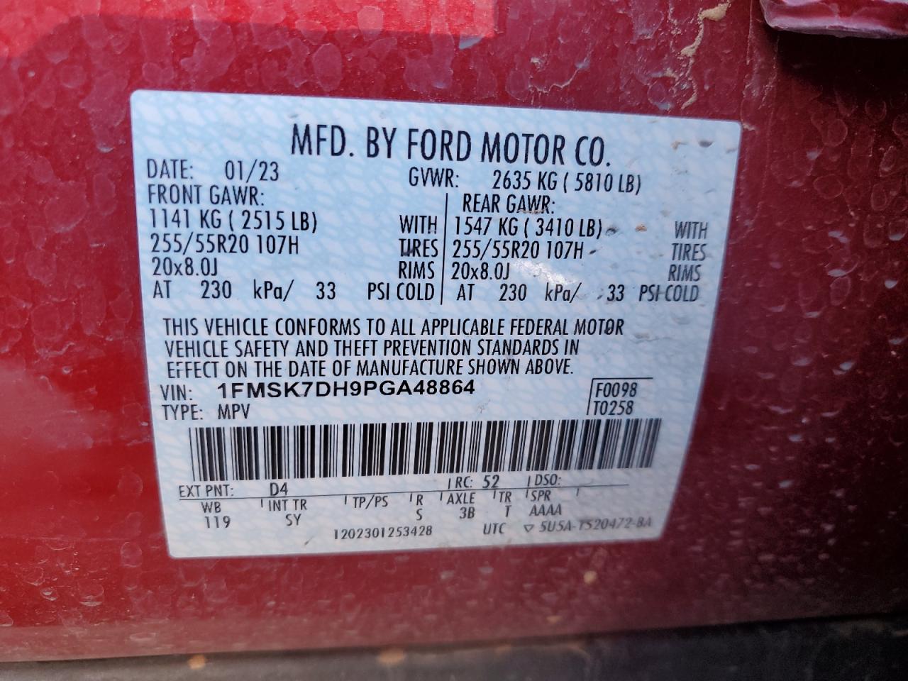 2023 Ford Explorer VIN 1FMSK7DH9PGA48864 Copart auction photo, front end damage thumbnail 13
