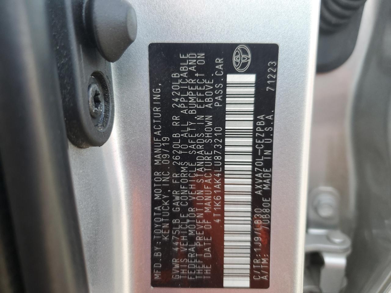2020 Toyota Camry VIN 4T1K61AK4LU873210 Copart auction photo, front end / rear end damage thumbnail 12