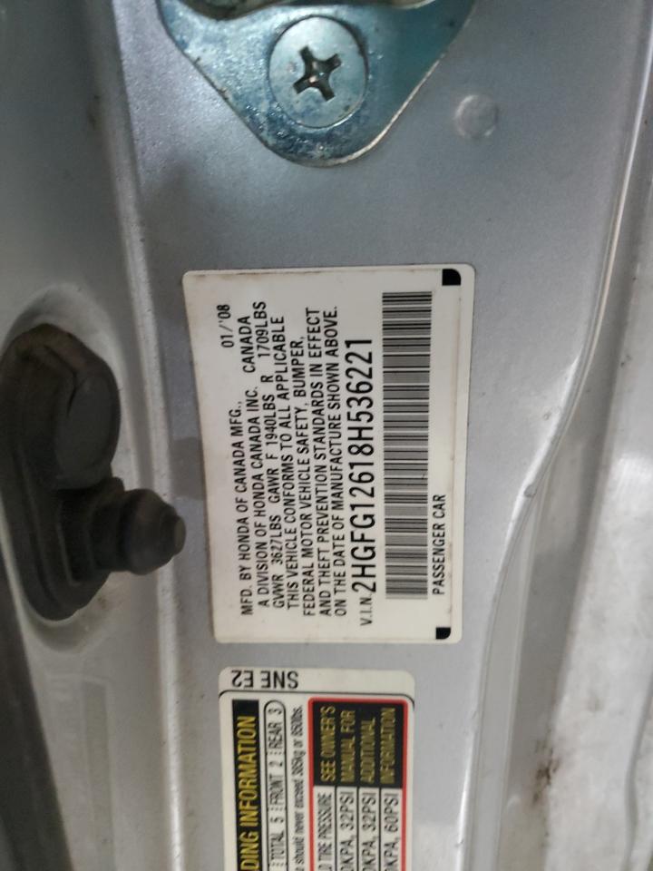 2008 Honda Civic VIN 2HGFG12618H536221 Copart auction photo, front end damage thumbnail 13