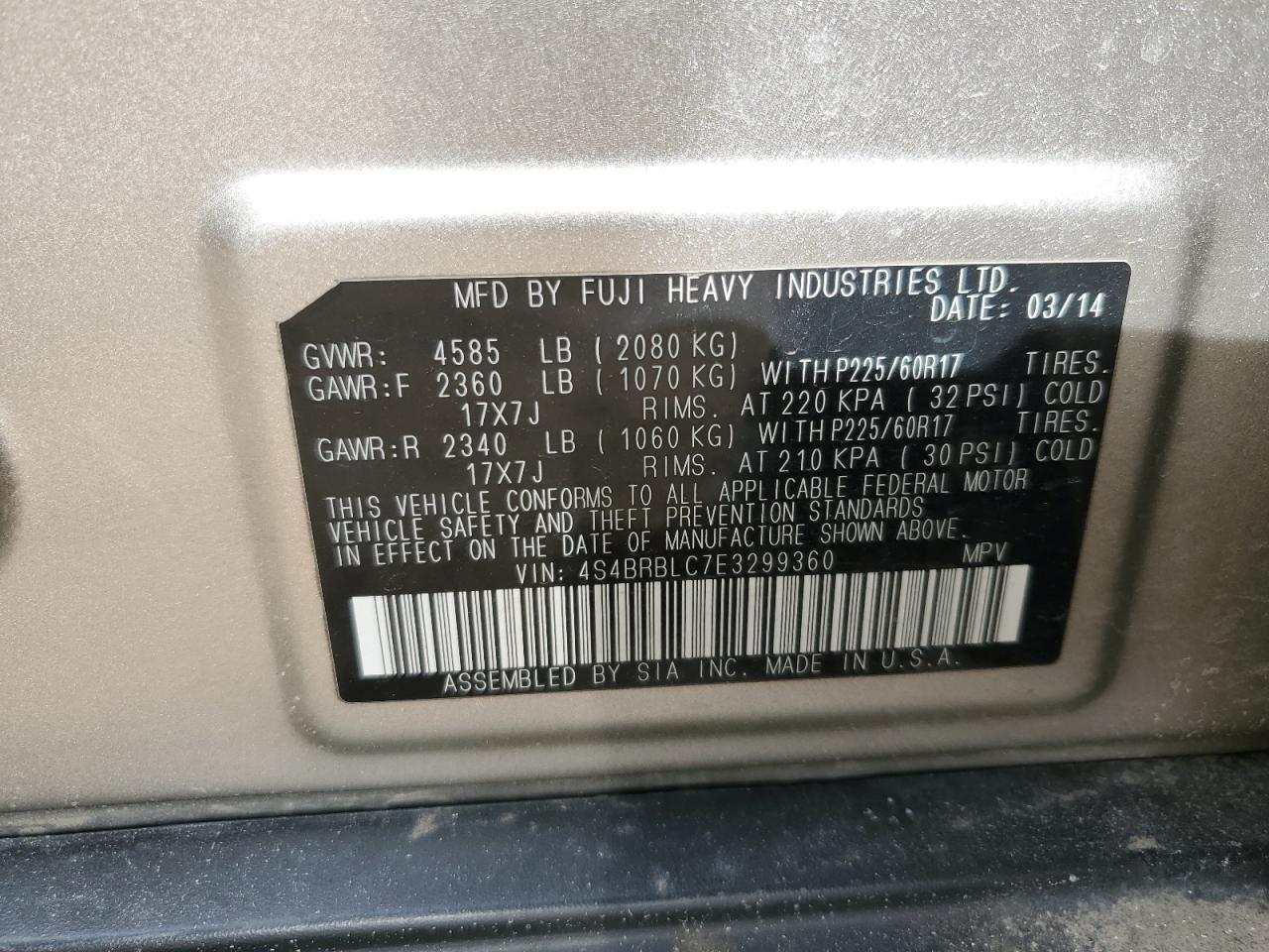 2014 Subaru Outback VIN 4S4BRBLC7E3299360 Copart auction photo, front end damage thumbnail 13