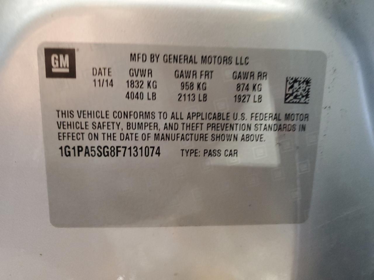 2015 Chevrolet Cruze VIN 1G1PA5SG8F7131074 Copart auction photo, front end damage thumbnail 14