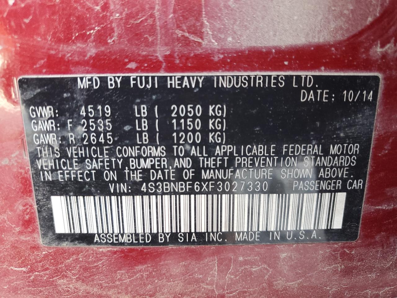 2015 Subaru Legacy VIN 4S3BNBF6XF3027330 Copart auction photo, front end / side damage thumbnail 14