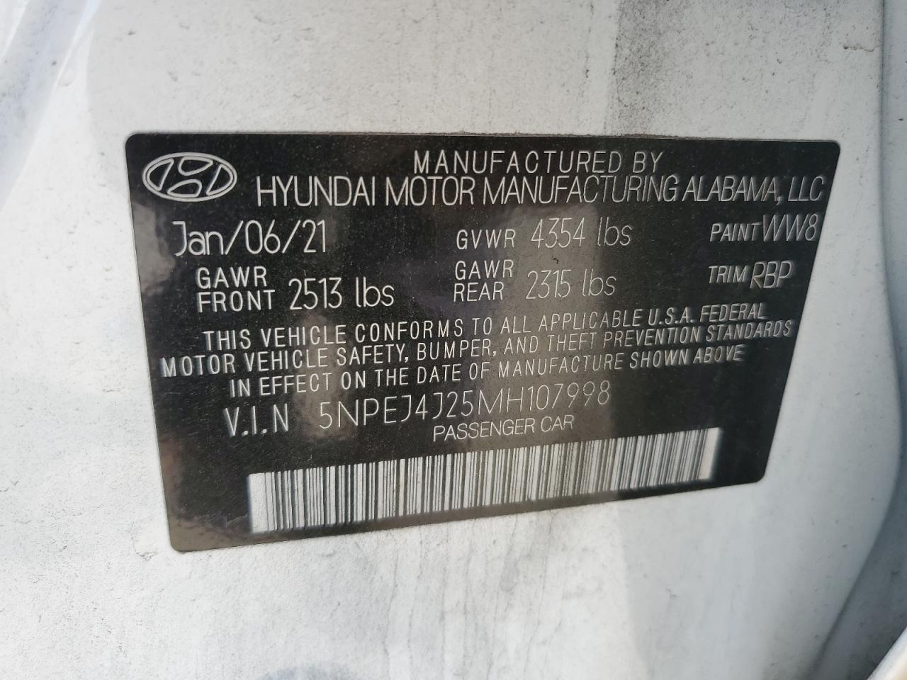 2021 Hyundai Sonata VIN 5NPEJ4J25MH107998 Copart auction photo, front end / rear end damage thumbnail 12