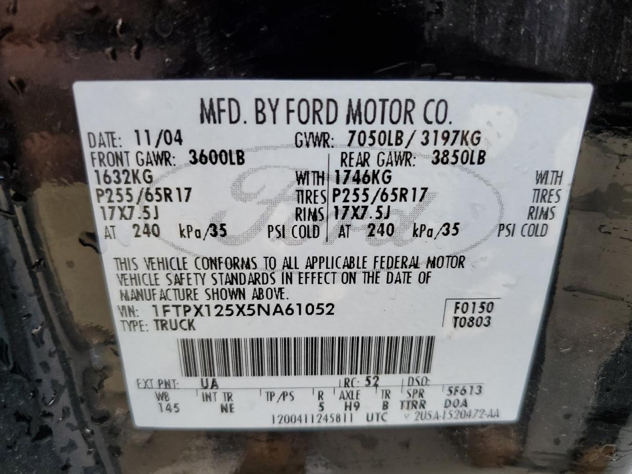 2005 Ford F-150 VIN 1FTPX125X5NA61052 Copart auction photo, front end / rear end damage thumbnail 13