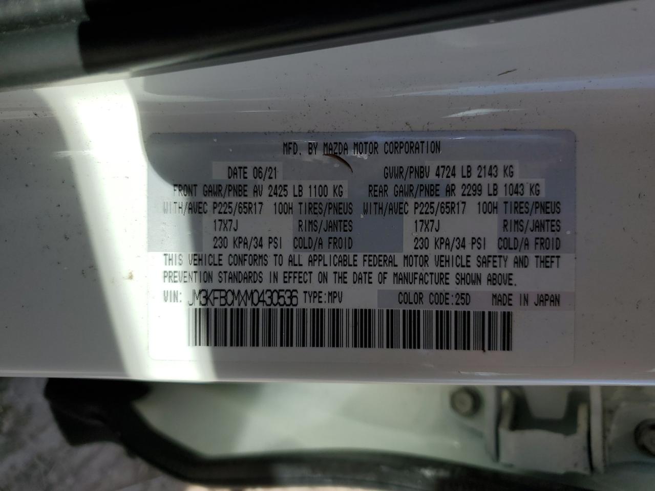 2021 Mazda CX-5 VIN JM3KFBCMXM0430536 Copart auction photo, water/flood damage thumbnail 14