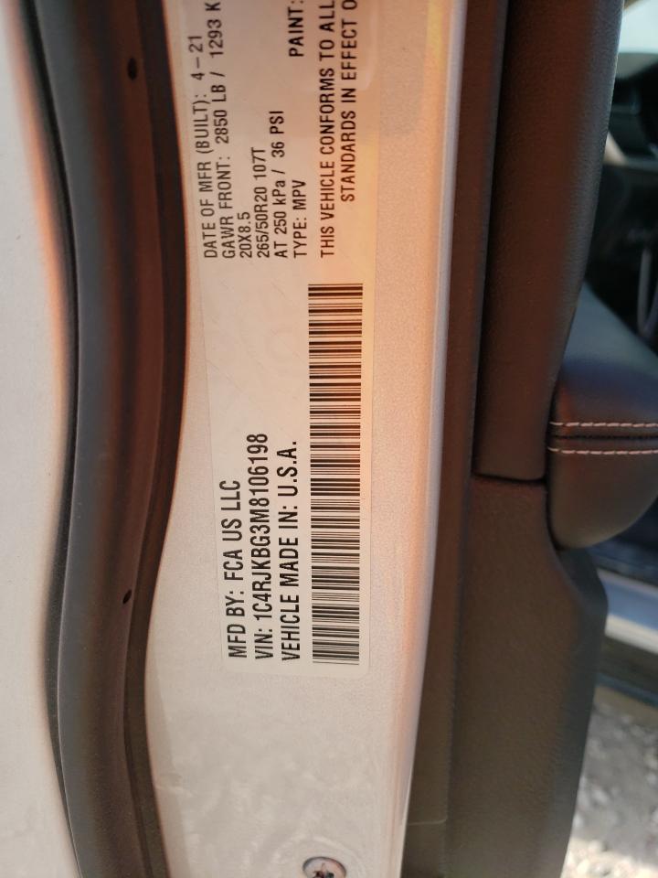 2021 Jeep Grand Cherokee VIN 1C4RJKBG3M8106198 Copart auction photo, rear end damage thumbnail 13