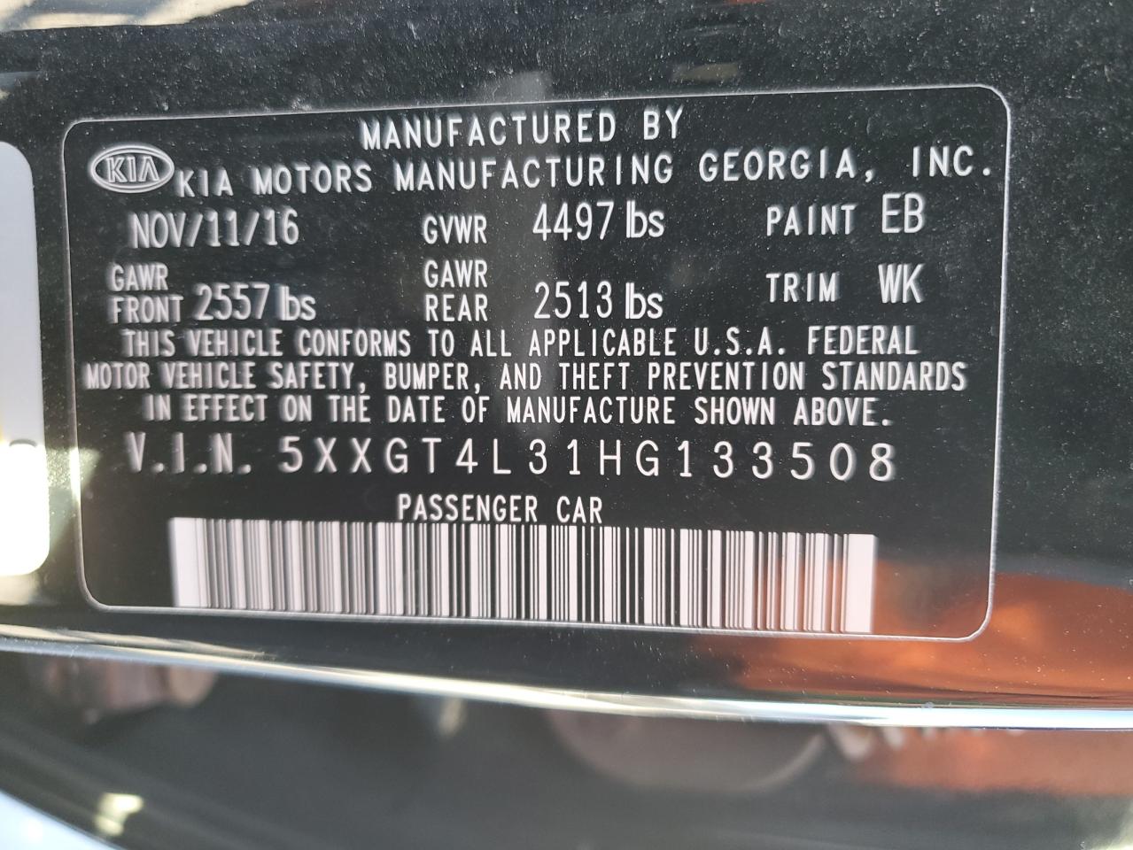 2017 KIA Optima VIN 5XXGT4L31HG133508 Copart auction photo, side / front end damage thumbnail 12