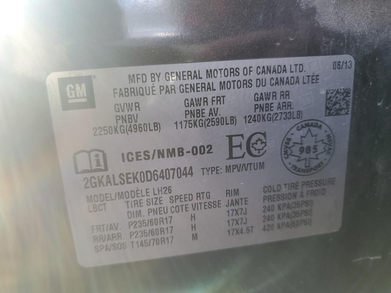2013 GMC Terrain VIN 2GKALSEK0D6407044 Copart auction photo, mechanical / minor dent/scratches damage thumbnail 13