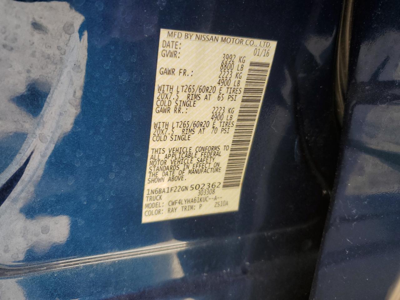 2016 Nissan Titan VIN 1N6BA1F22GN502362 Copart auction photo, front end / side damage thumbnail 14