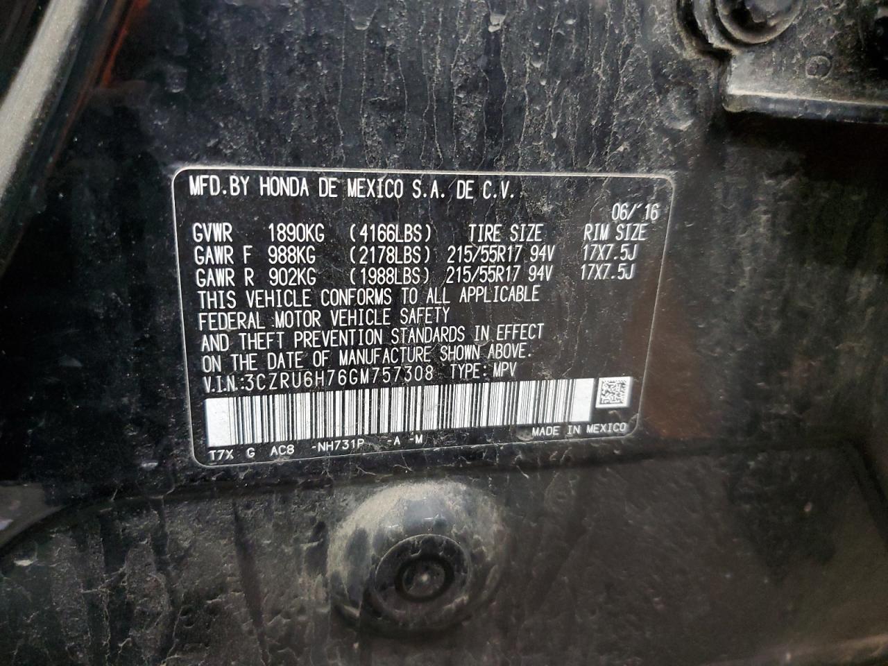 2016 Honda HR-V VIN 3CZRU6H76GM757308 Copart auction photo, minor dent/scratches damage thumbnail 13