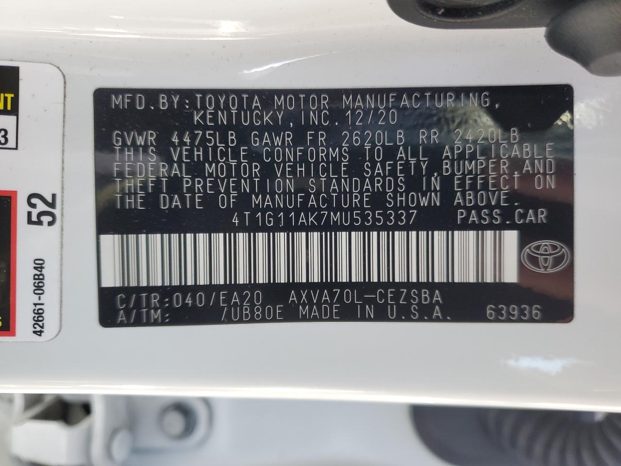 2021 Toyota Camry VIN 4T1G11AK7MU535337 Copart auction photo, side damage thumbnail 14