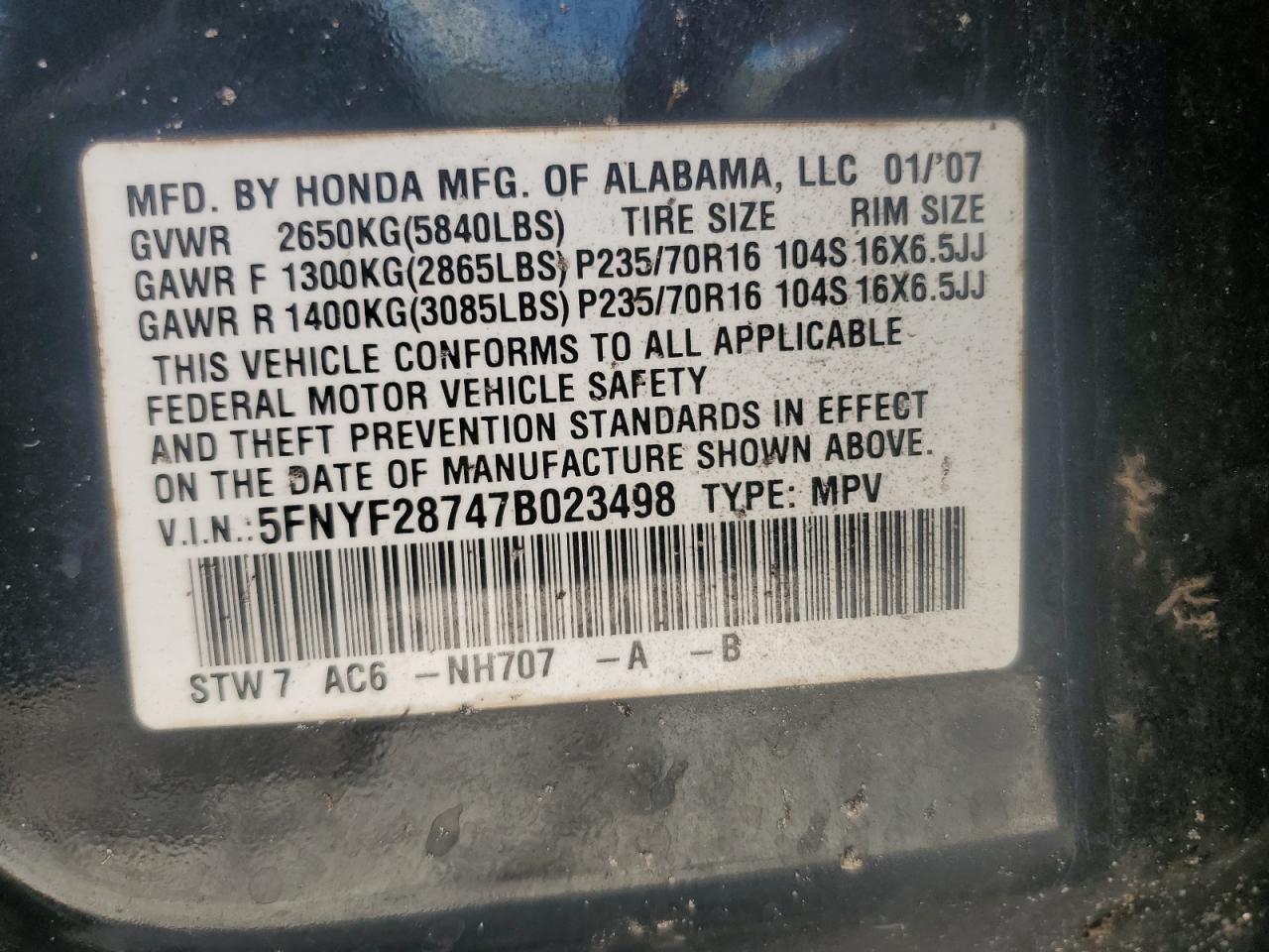 2007 Honda Pilot VIN 5FNYF28747B023498 Copart auction photo, rollover damage thumbnail 15