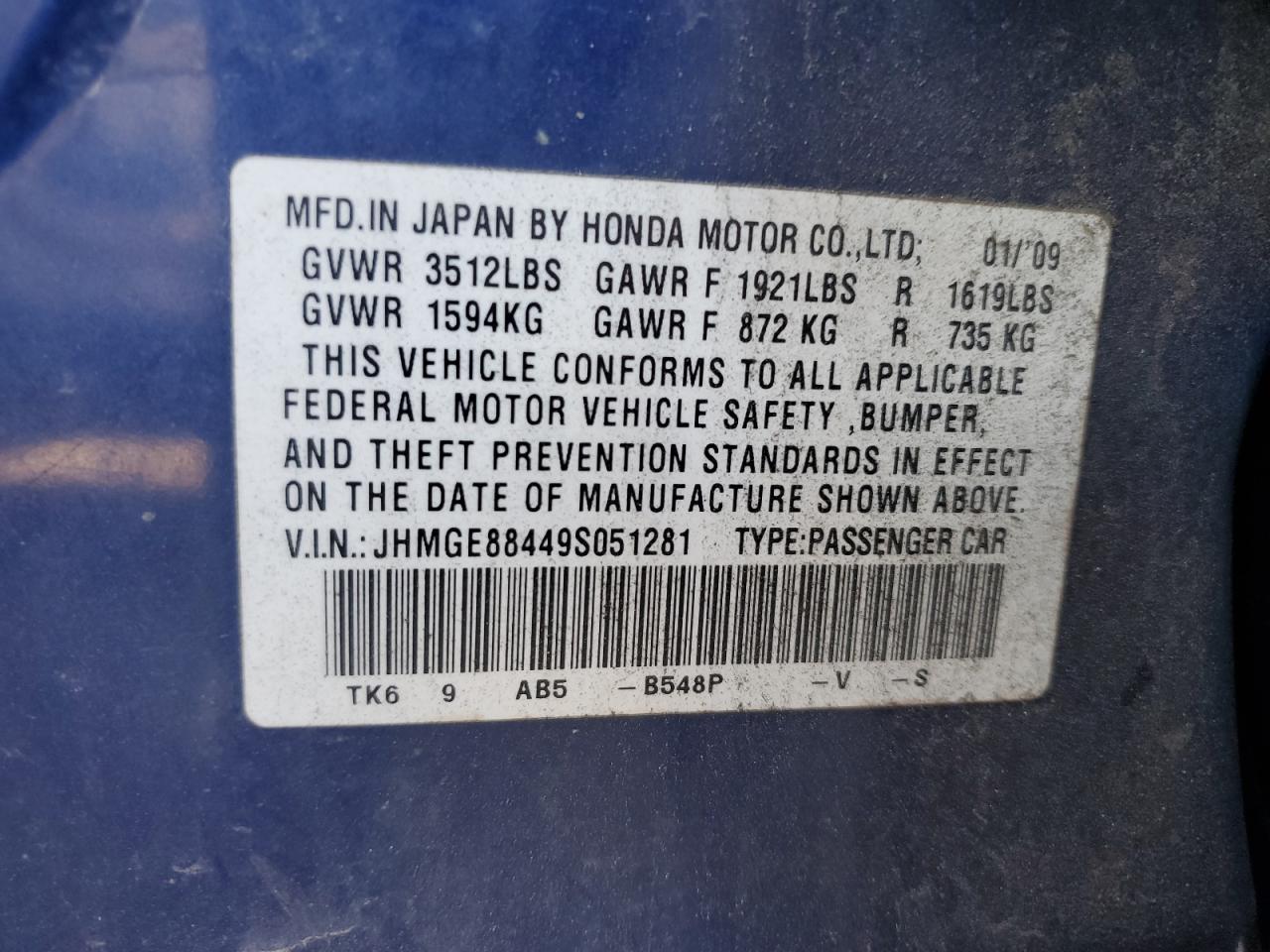 2009 Honda Fit VIN JHMGE88449S051281 Copart auction photo, rear end / side damage thumbnail 14