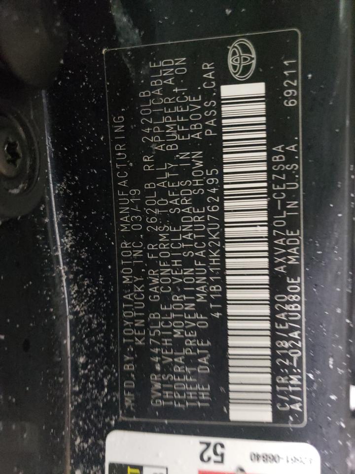 2019 Toyota Camry VIN 4T1B11HK2KU762495 Copart auction photo, front end damage thumbnail 13