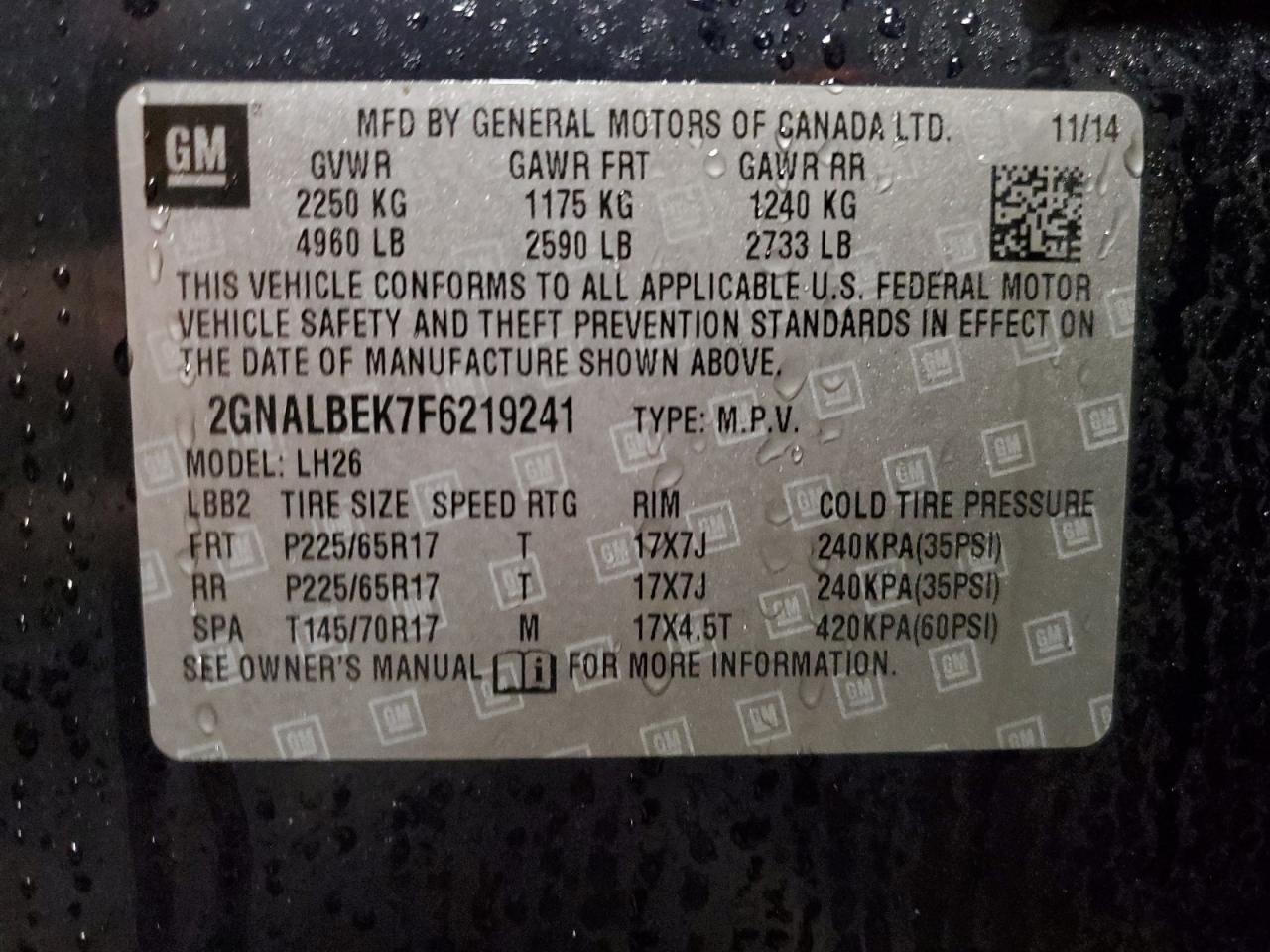 2015 Chevrolet Equinox VIN 2GNALBEK7F6219241 Copart auction photo, side / mechanical damage thumbnail 13