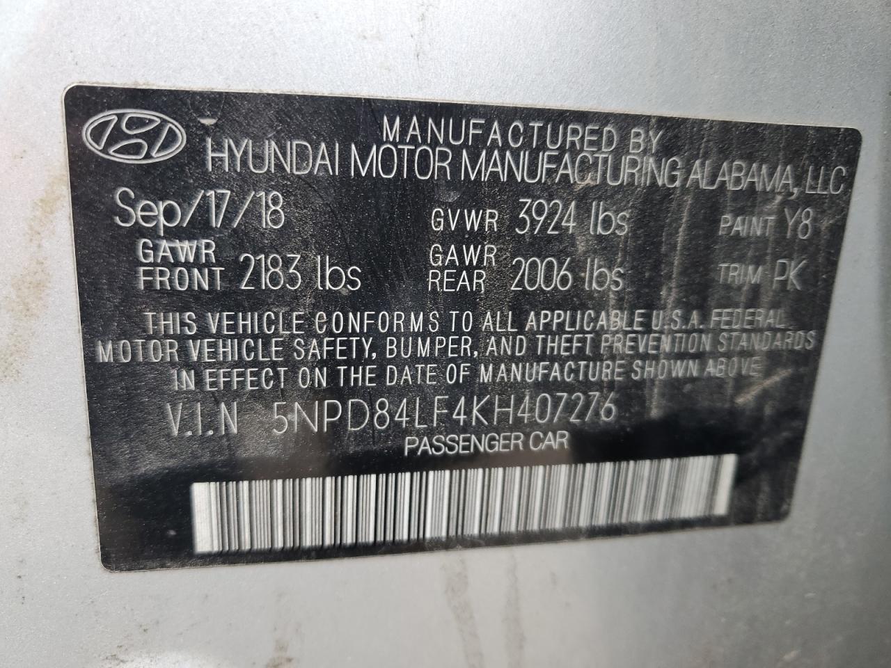 2019 Hyundai Elantra VIN 5NPD84LF4KH407276 Copart auction photo, front end / rear end damage thumbnail 12