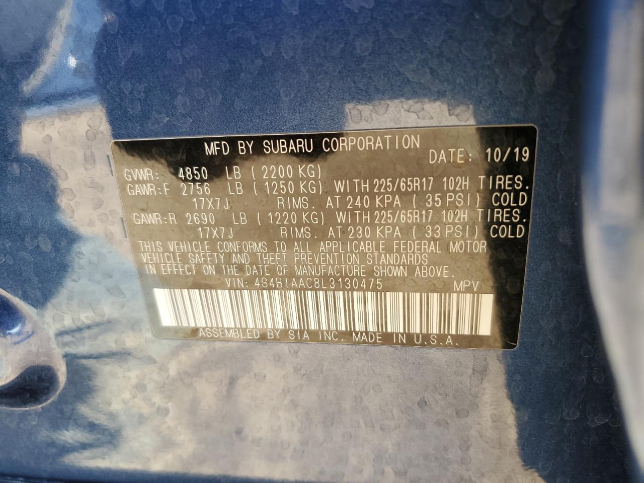 2020 Subaru Legacy VIN 4S4BTAAC8L3130475 Copart auction photo, all over / rejected repair damage thumbnail 13