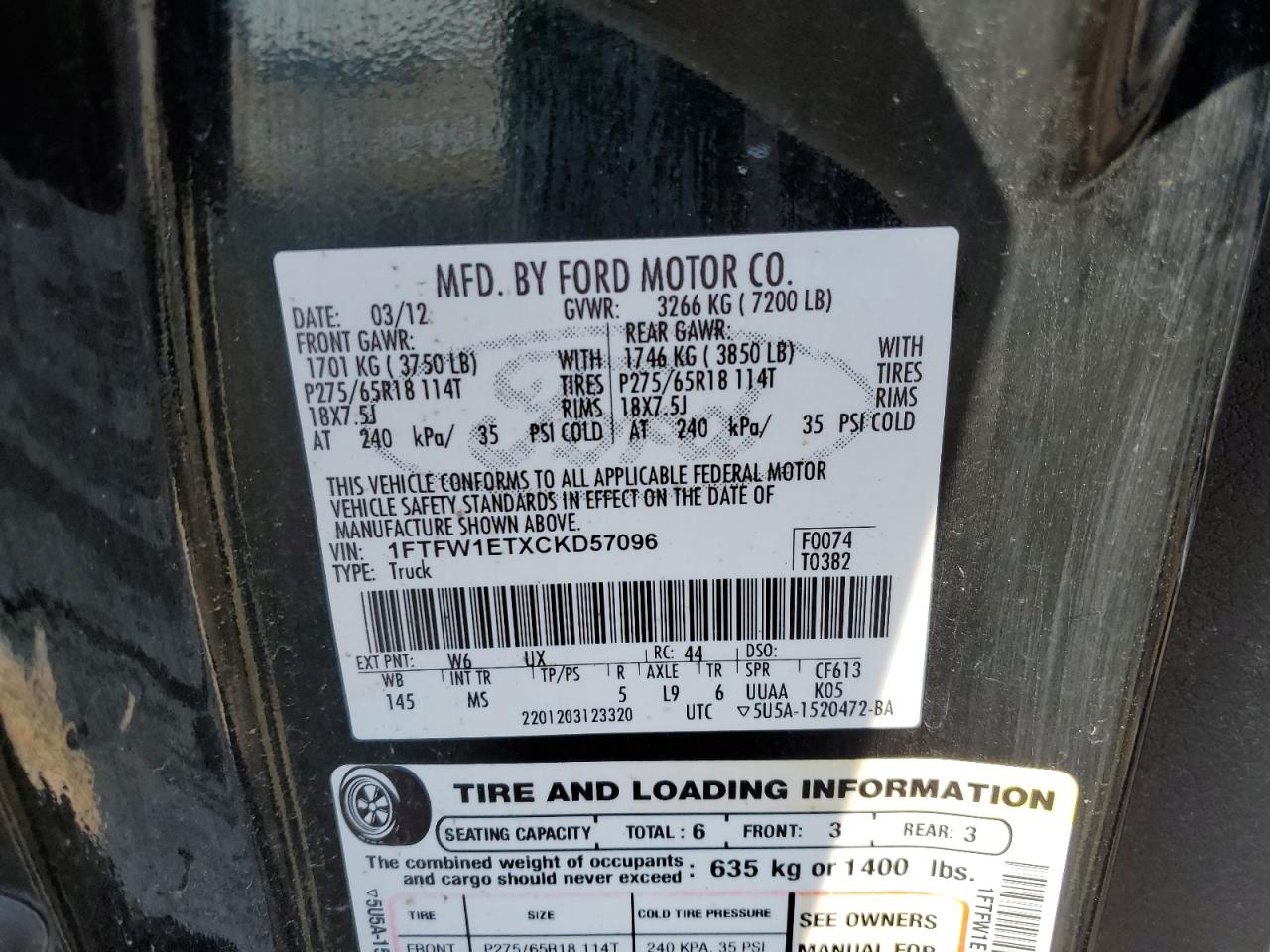 2012 Ford F-150 VIN 1FTFW1ETXCKD57096 Copart auction photo, mechanical damage thumbnail 12
