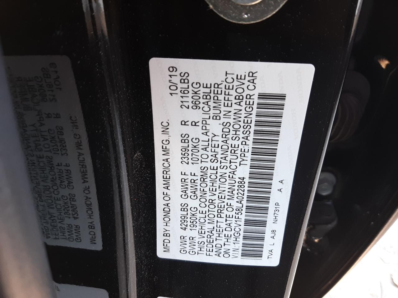 2020 Honda Accord VIN 1HGCV1F58LA022884 Copart auction photo, side damage thumbnail 12