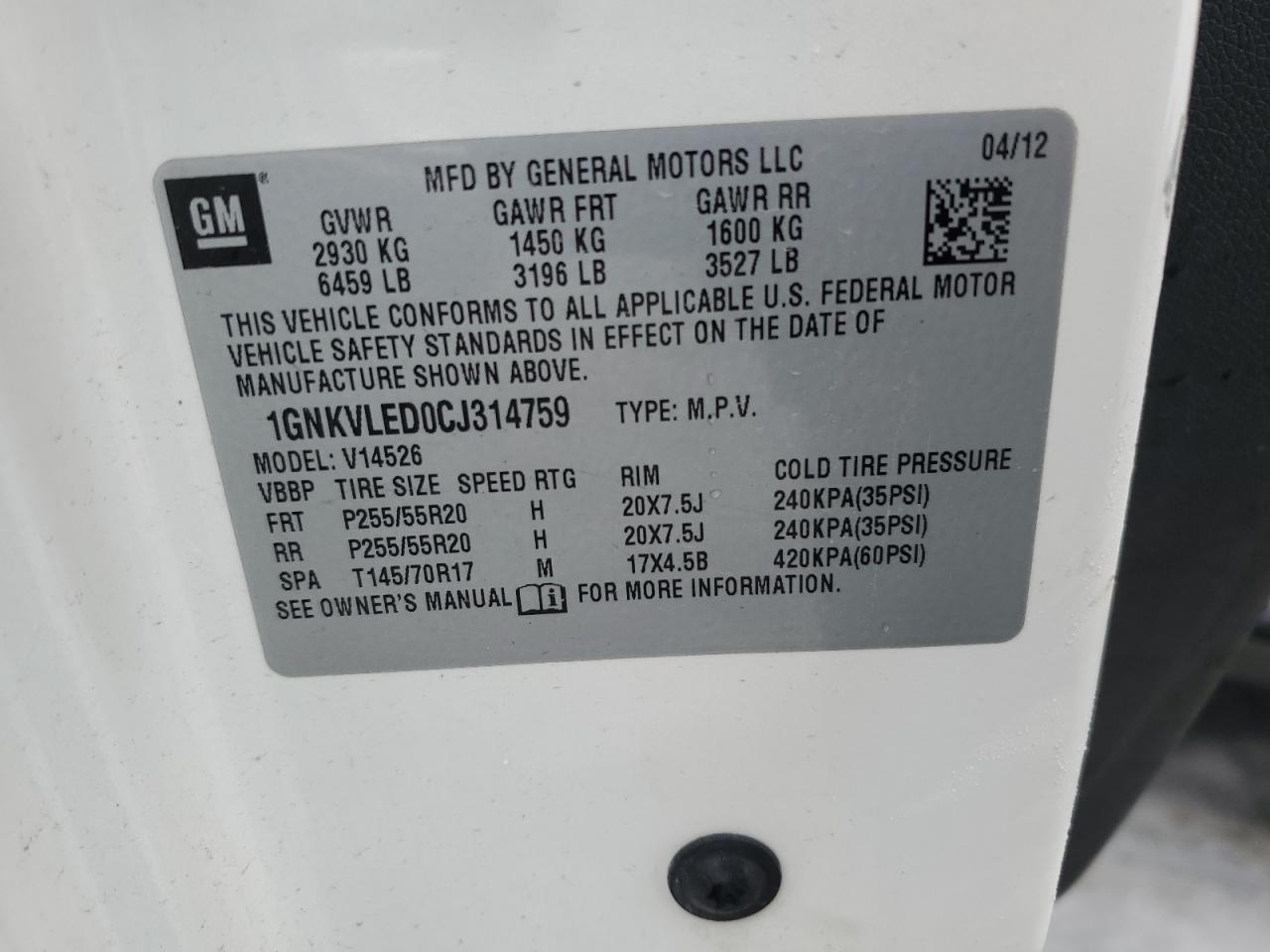2012 Chevrolet Traverse VIN 1GNKVLED0CJ314759 Copart auction photo, front end damage thumbnail 13