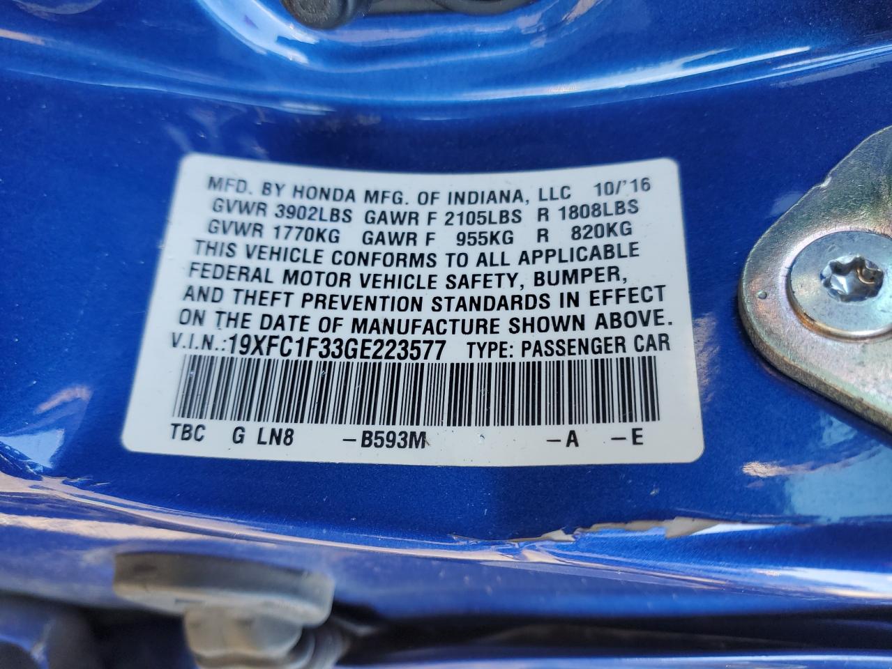2016 Honda Civic VIN 19XFC1F33GE223577 Copart auction photo, side / rear end damage thumbnail 12