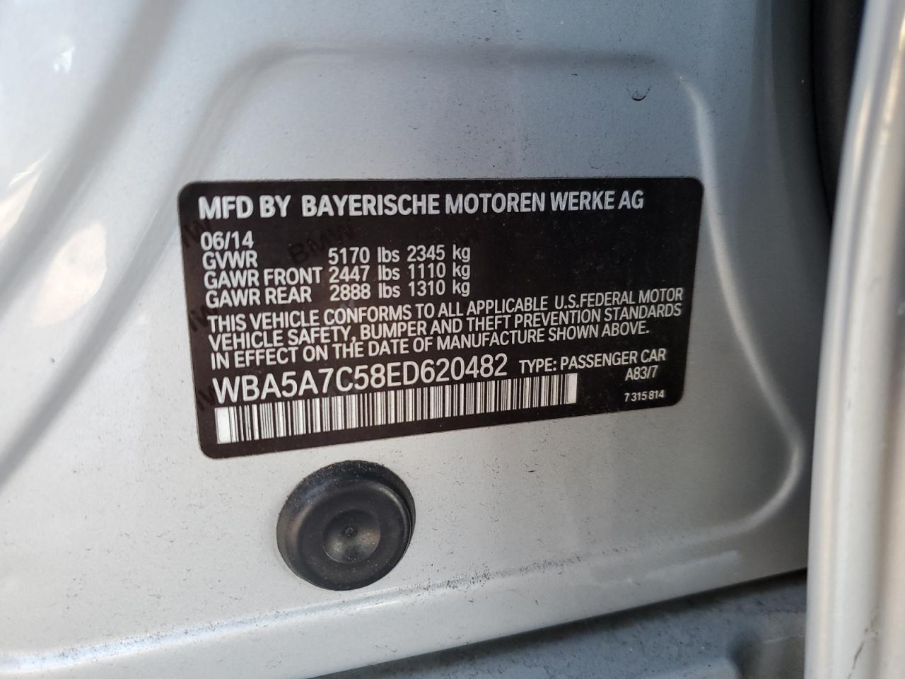 2014 BMW 5er VIN WBA5A7C58ED620482 Copart auction photo, front end damage thumbnail 14