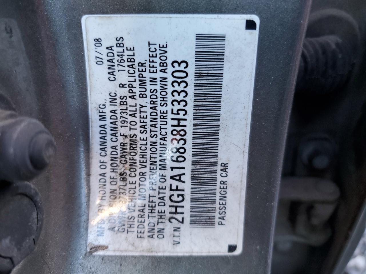 2008 Honda Civic VIN 2HGFA16838H533303 Copart auction photo, front end / side damage thumbnail 12
