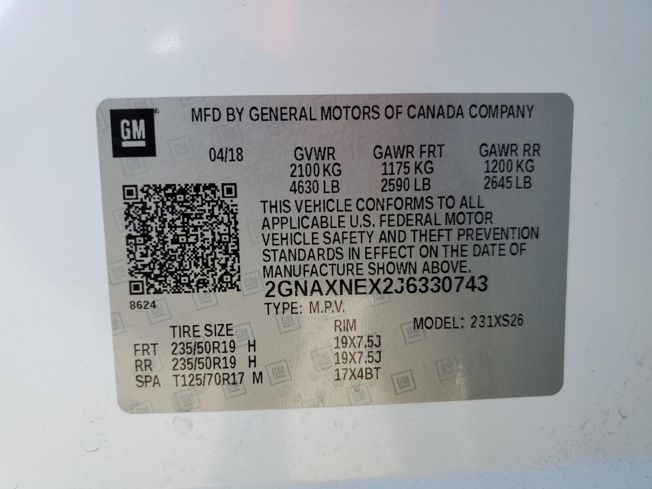 2018 Chevrolet Equinox VIN 2GNAXNEX2J6330743 Copart auction photo, all over damage thumbnail 14