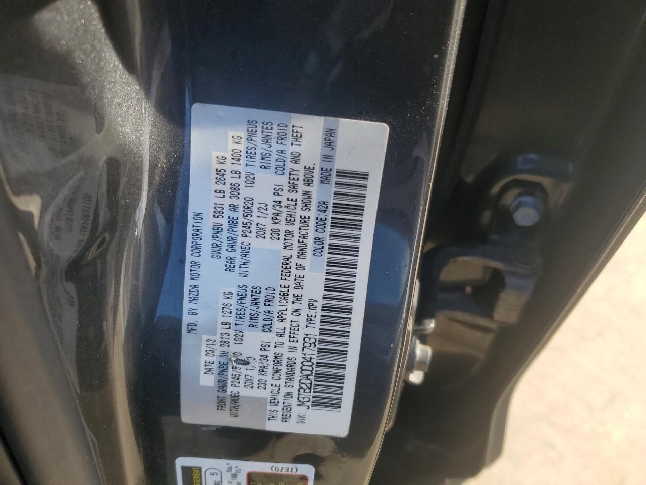 2013 Mazda CX-9 VIN JM3TB2DA0D0417931 Copart auction photo, water/flood damage thumbnail 13