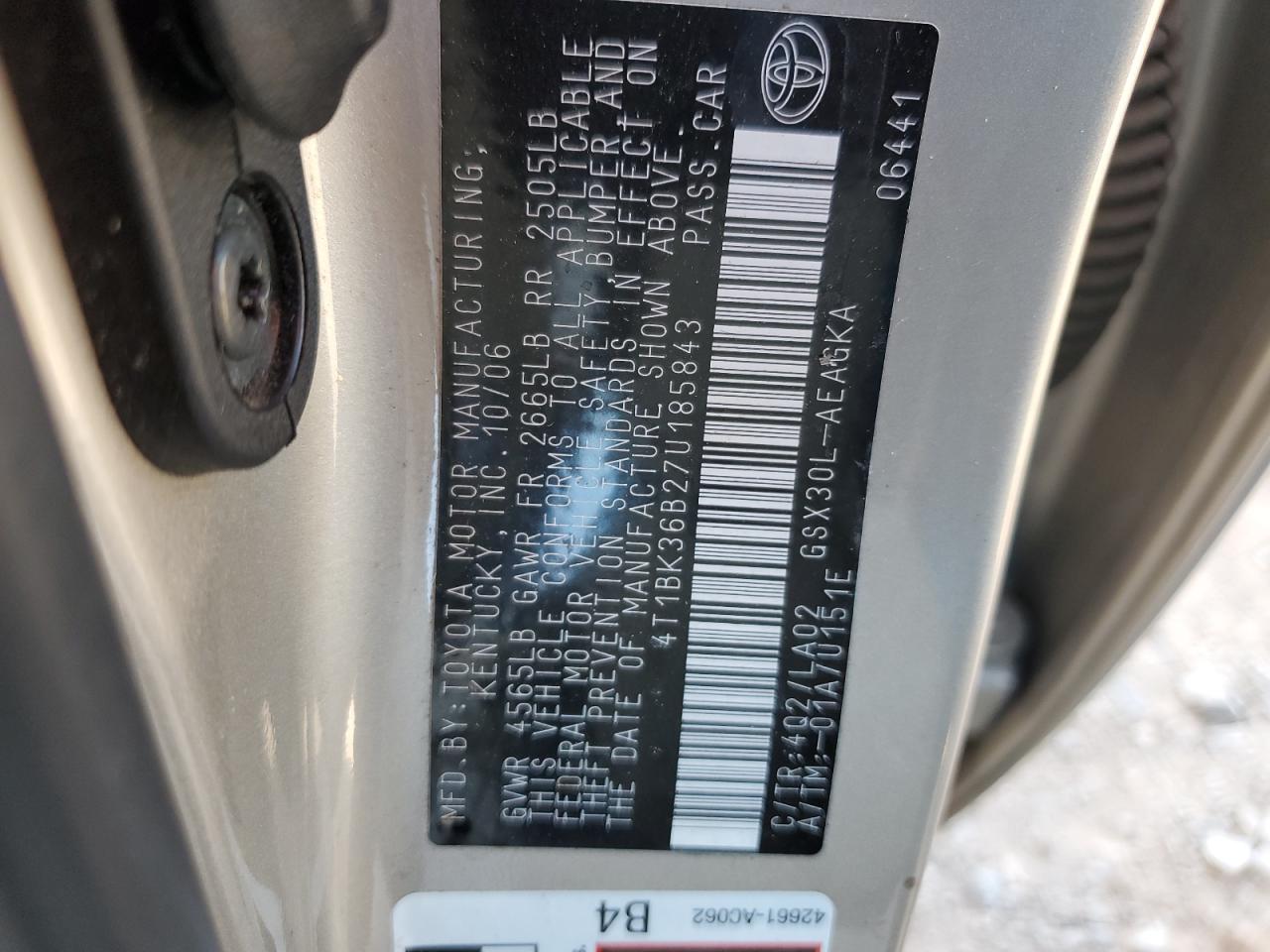 2007 Toyota Avalon VIN 4T1BK36B27U185843 Copart auction photo, all over damage thumbnail 12