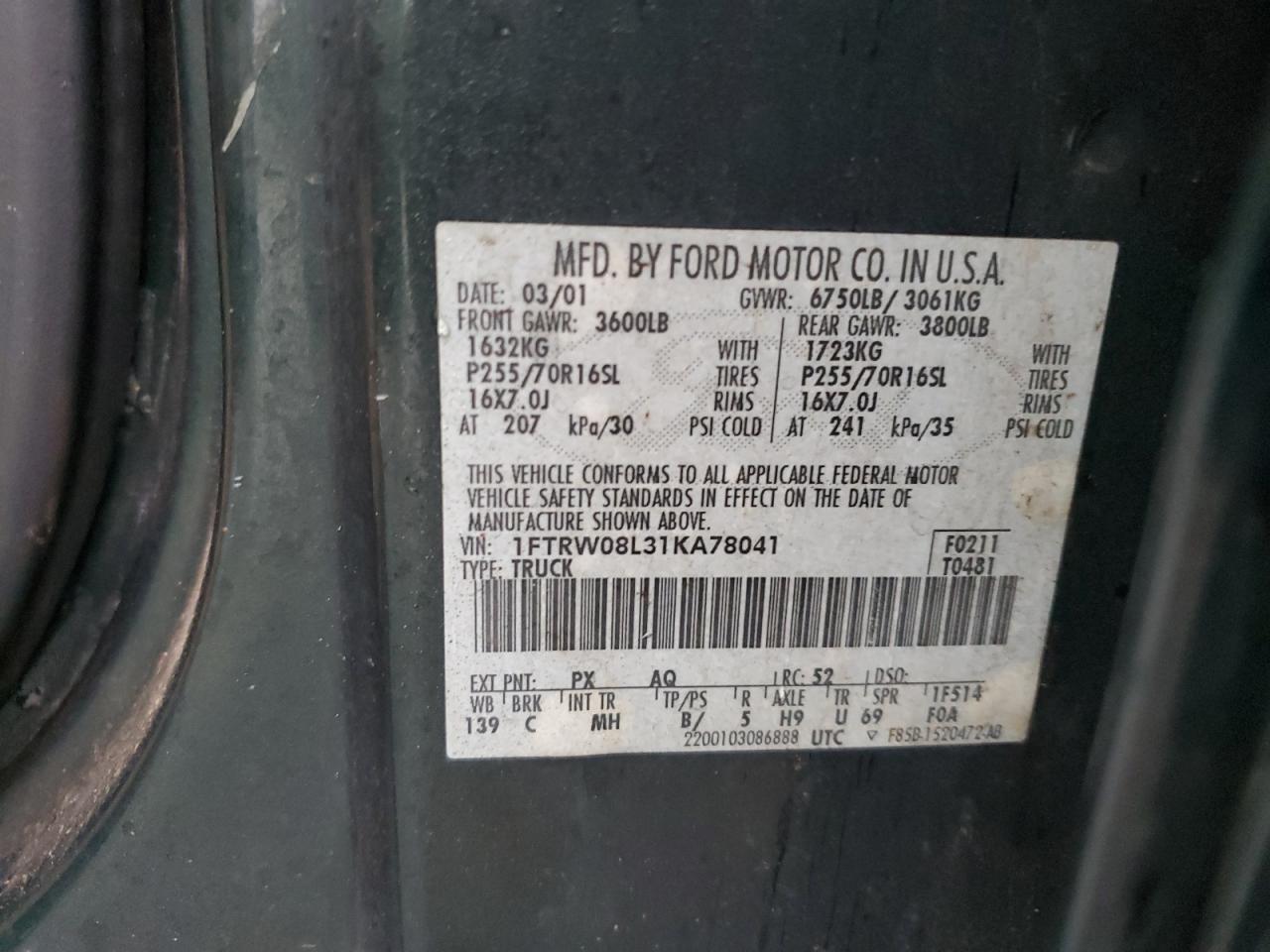 2001 Ford F-150 VIN 1FTRW08L31KA78041 Copart auction photo, front end / side damage thumbnail 14