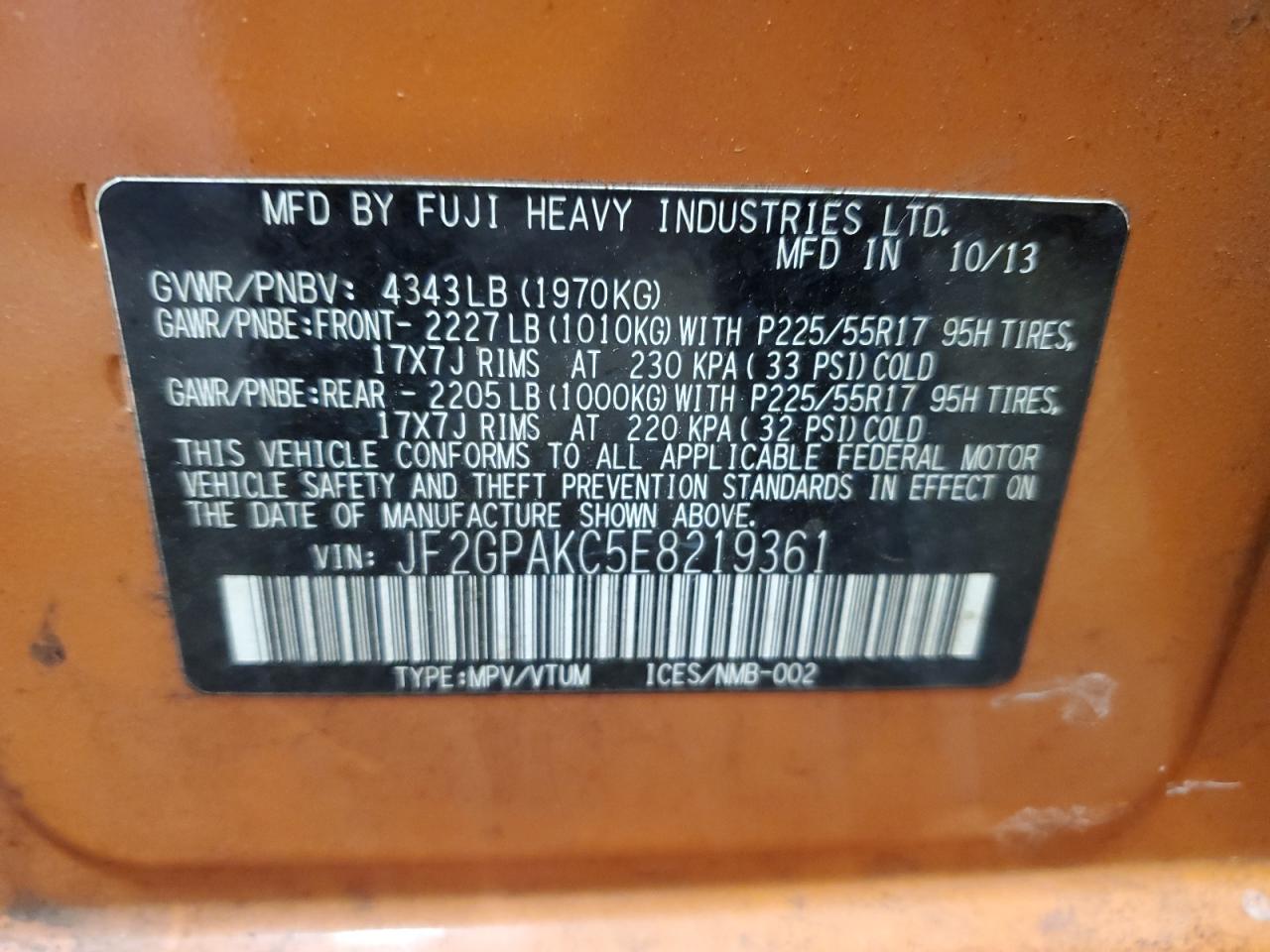 2014 Subaru XV VIN JF2GPAKC5E8219361 Copart auction photo, rear end / front end damage thumbnail 12