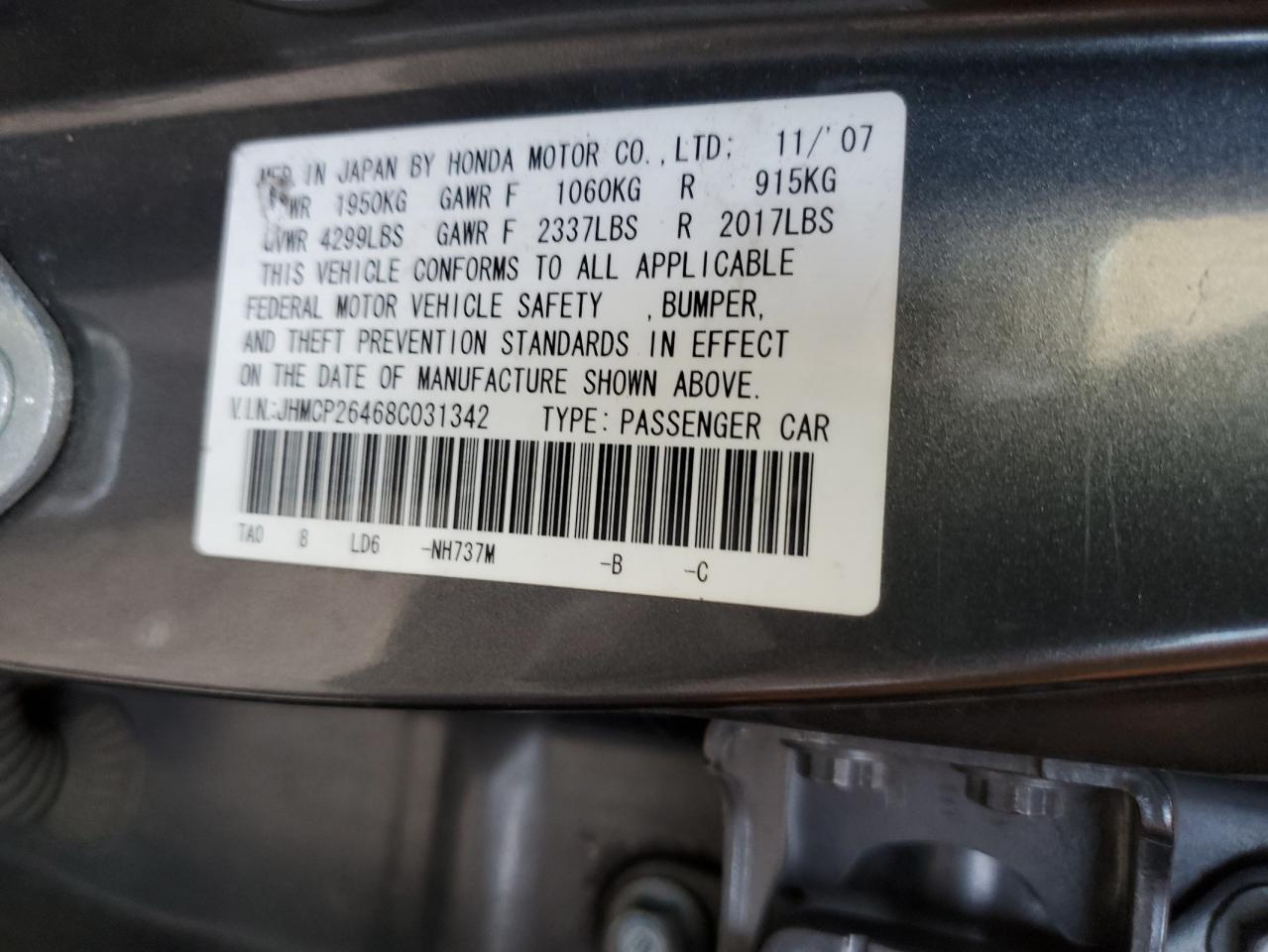 2008 Honda Accord VIN JHMCP26468C031342 Copart auction photo, minor dent/scratches damage thumbnail 12
