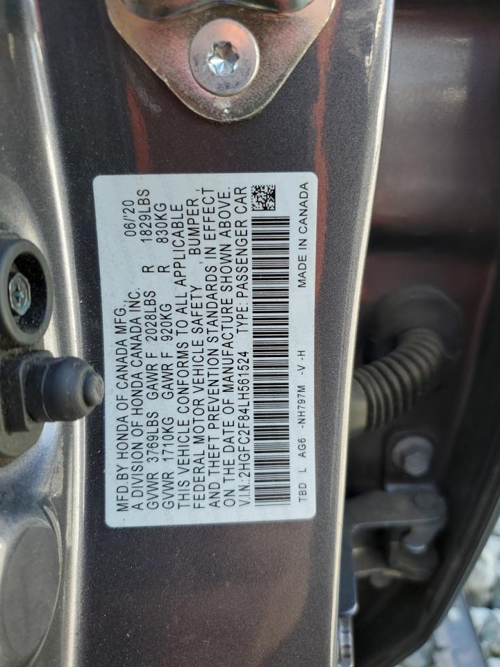 2020 Honda Civic VIN 2HGFC2F84LH561524 Copart auction photo, front end damage thumbnail 14