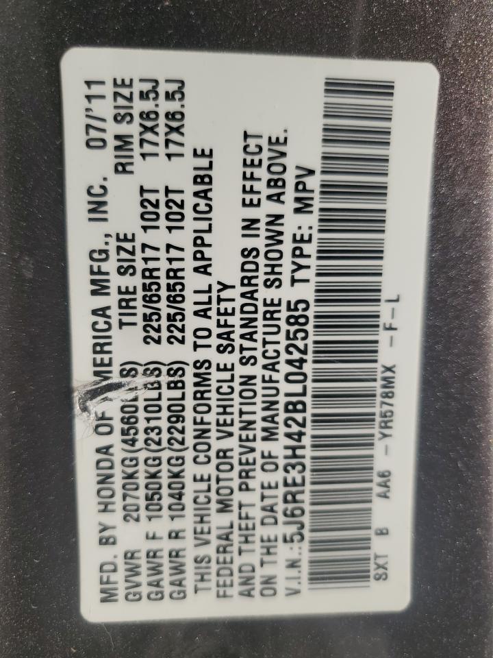 2011 Honda CR-V VIN 5J6RE3H42BL042585 Copart auction photo, front end / side damage thumbnail 15